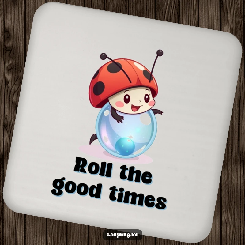 Funny ladybug coaster showcasing a stylized character joyfully rolling a tiny, sparkling marble, adding playful decor.
