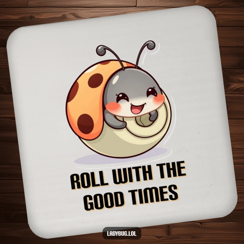Funny Ladybug Coaster: A happy ladybug comically tumbles and rolls, its humorous pose protecting surfaces.