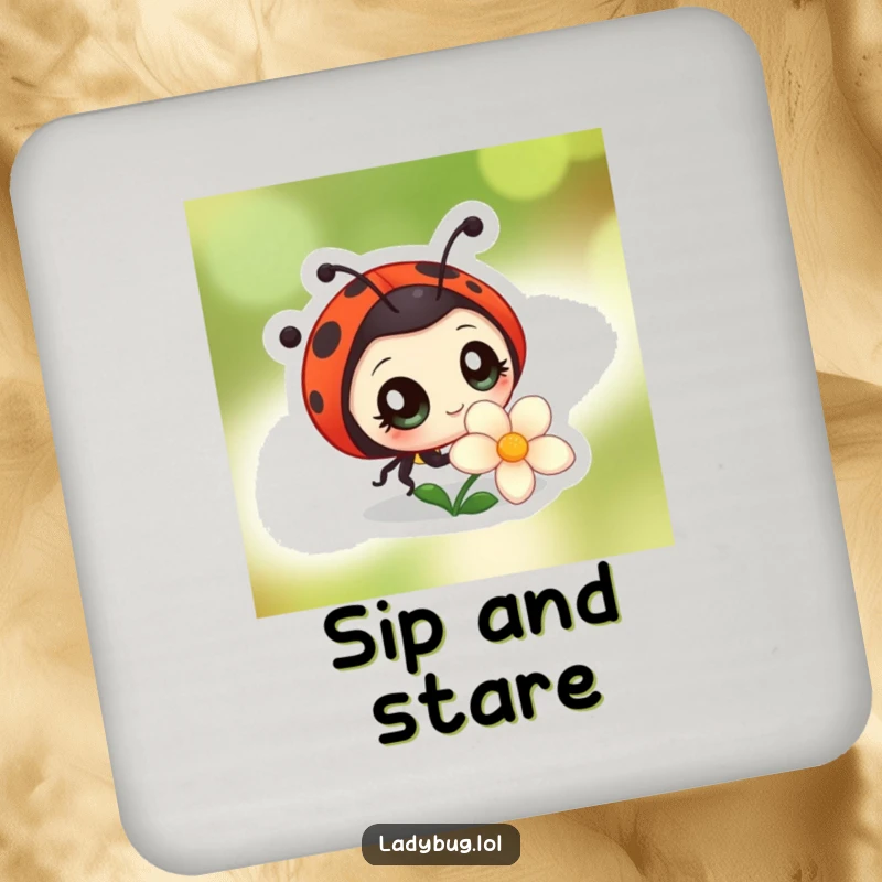 Funny coaster featuring a ladybug character with large, curious eyes observing a flower, offering protective charm and a sense of wonder.