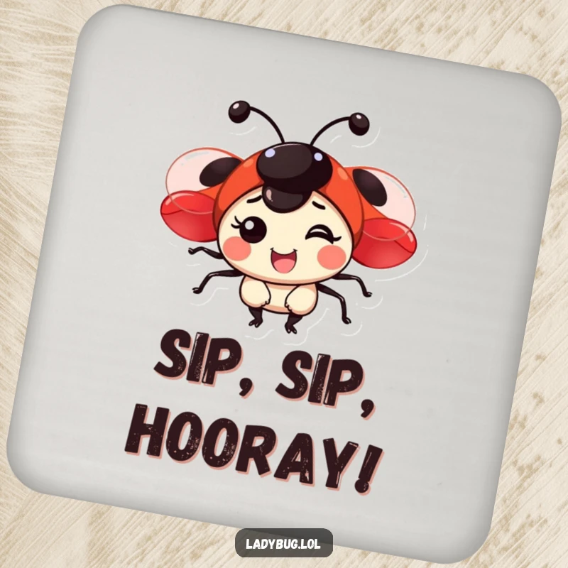 Funny drink coaster showcasing a happy ladybug with vibrant red wings, adding a touch of playful protection.