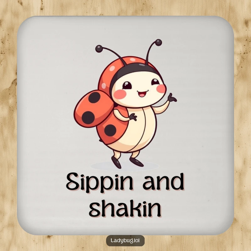 Funny ladybug drink coaster featuring a cute character doing a happy dance, protecting surfaces with whimsical and energetic humor.