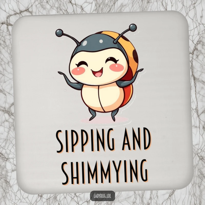 Funny smiling ladybug coasters featuring a ladybug dancing a shimmy, protecting surfaces with a humorous and joyful bug design.