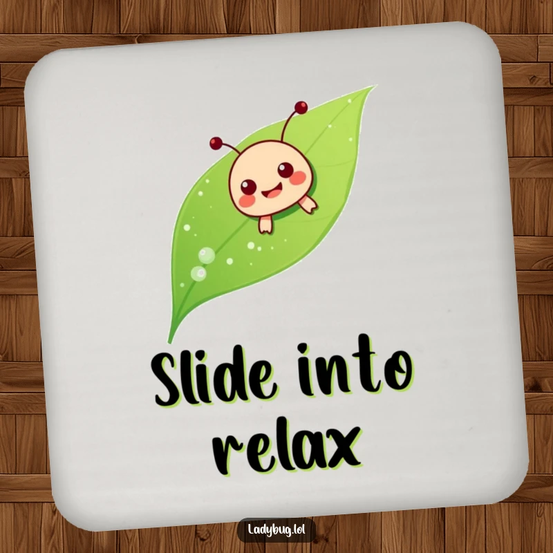 Funny ladybug sliding drink coaster, the character joyfully sliding down a dewy leaf, a humorous and functional piece.