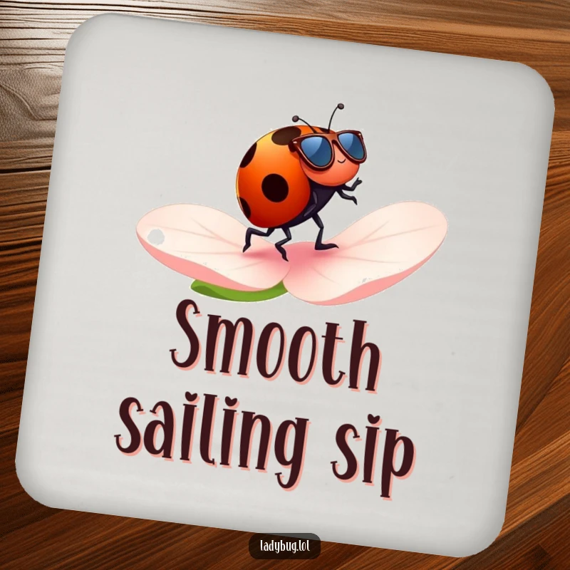 Funny ladybug drink coaster with a ladybug wearing tiny sunglasses, cheerfully jogging across a petal, offering humorous surface protection.