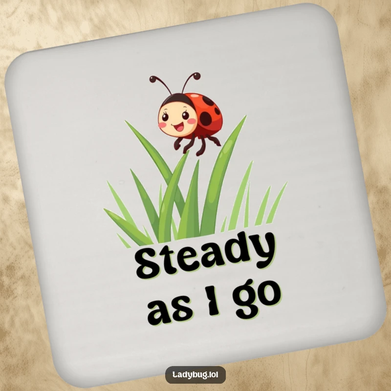 Funny giggling ladybug character climbing a blade of grass, presented on a set of humorous drink coasters for table protection.