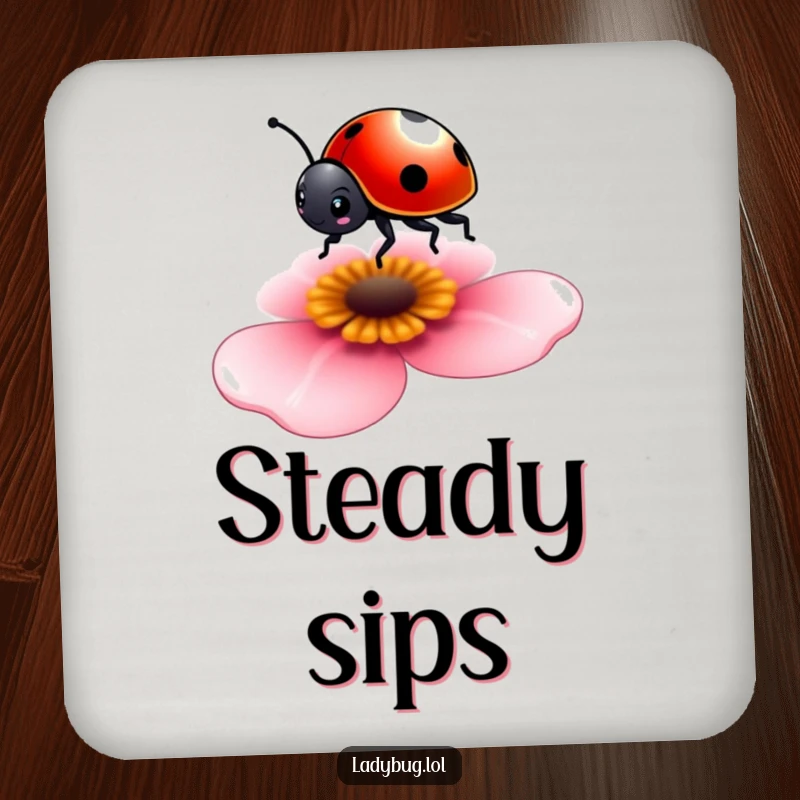 Funny drink coaster showcasing a tiny ladybug balancing on a petal, adding a touch of delicate charm.