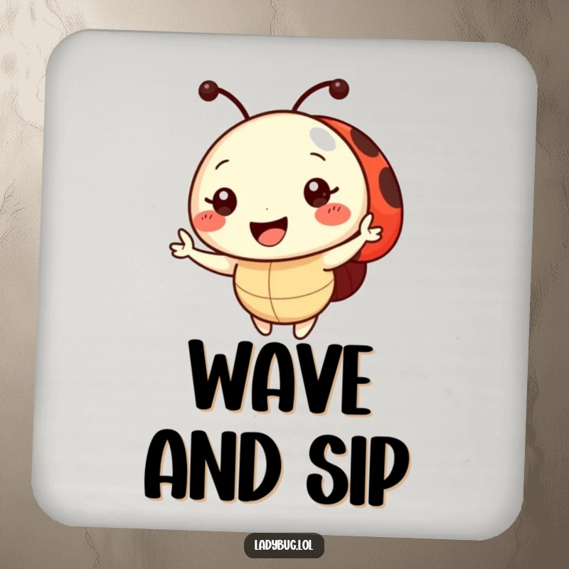 Funny Drink Coaster featuring a happy ladybug character with a radiant smile, offering a friendly wave to protect your surfaces.
