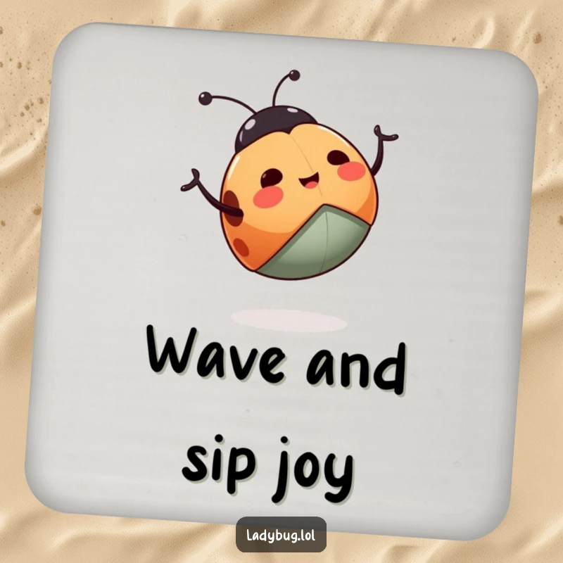 Funny ladybug drink coaster featuring a happy ladybug enthusiastically waving its legs, protecting surfaces with a humorous design.