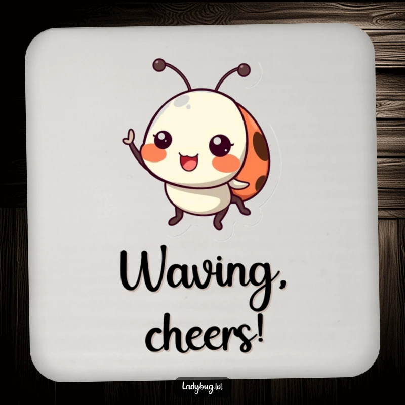 Funny ladybug drink coaster with a happy ladybug character cheerfully waving its tiny antennae, adding cheerful protection.