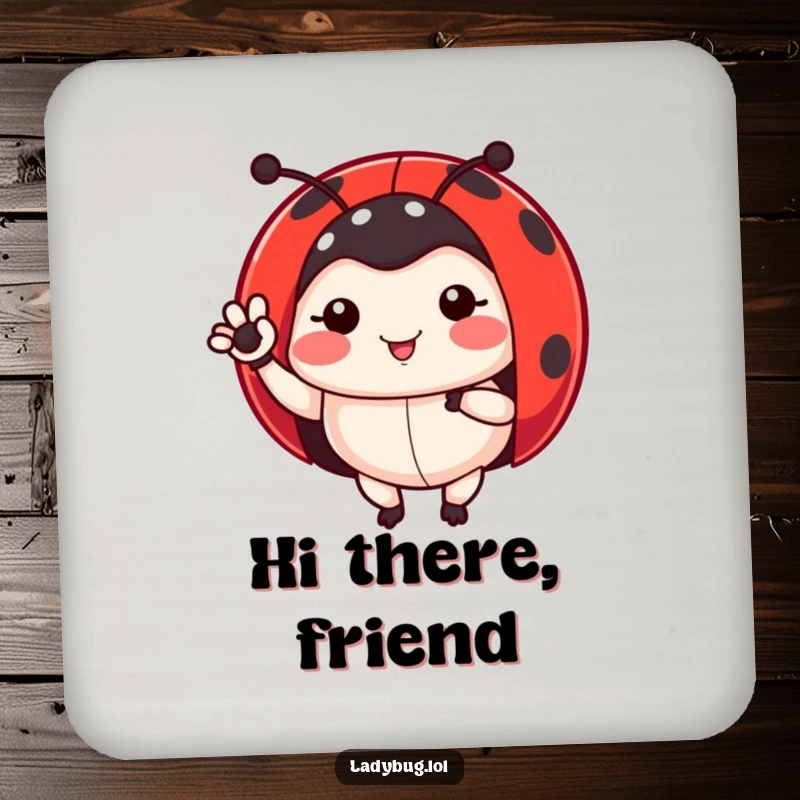 Funny ladybug coasters featuring a ladybug waving a leg, protecting surfaces with humor, a unique bug-themed gift.