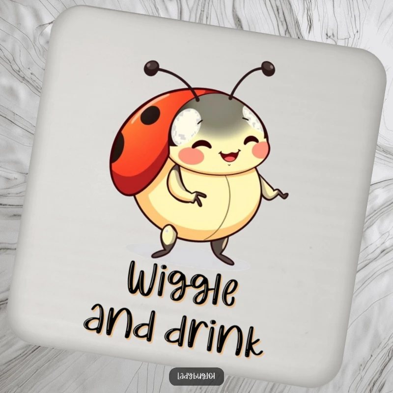 Funny ladybug drink coaster featuring a playful ladybug doing a silly dance with wiggling antennae, offering playful and humorous surface protection.