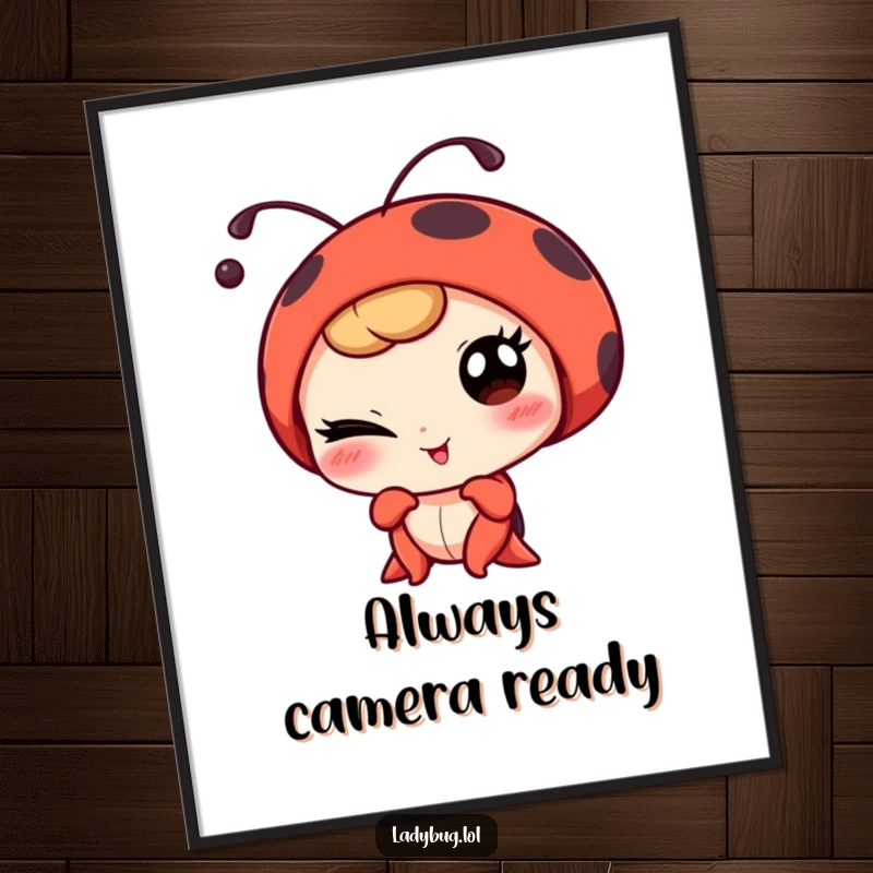 Funny winking ladybug character playfully posing for a portrait, displayed as quirky and humorous wall art.