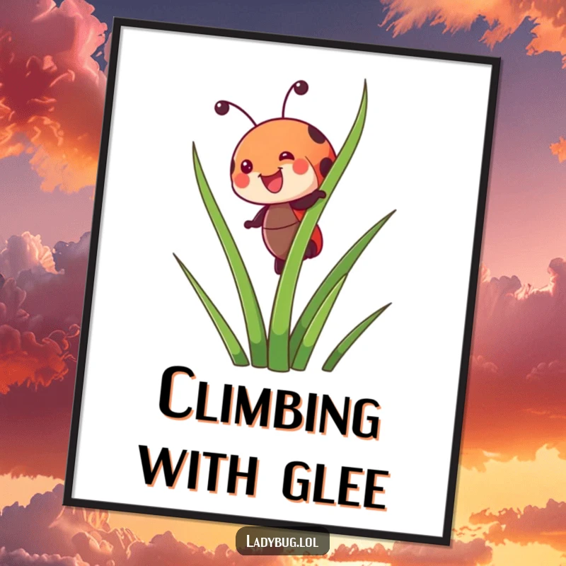 Funny poster of a joyful ladybug character happily climbing a tall blade of grass, radiating pure happiness.