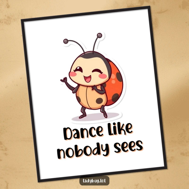 Funny ladybug poster featuring a dynamic illustration of a ladybug character wiggling its body in a comical dance, full of life.