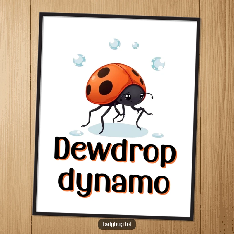Funny Ladybug Dewdrop Poster: A giggling ladybug comically juggles dewdrops with its tiny legs, creating a scene of delightful dexterity. Whimsical wall art.