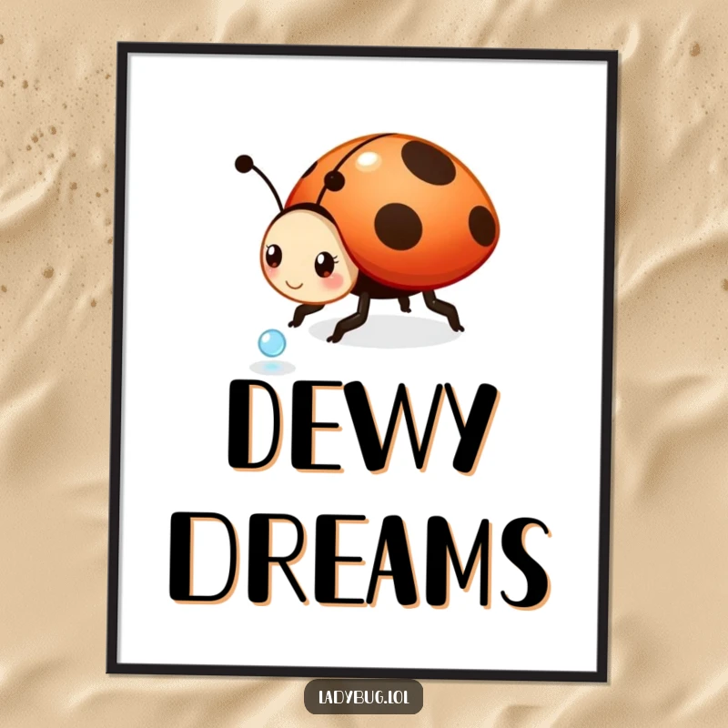 Funny ladybug poster: a playful ladybug character rolling a tiny dewdrop, creating a whimsical scene of innocent fun and delight.