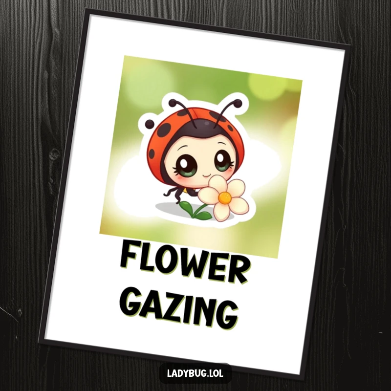Funny poster art of a ladybug character with big, bright eyes, curiously observing a flower, capturing a moment of innocent wonder.