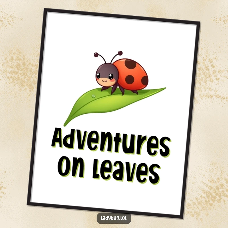 Funny ladybug poster of a cheerful bug sliding down a dewdropped leaf. Whimsical and humorous wall art.