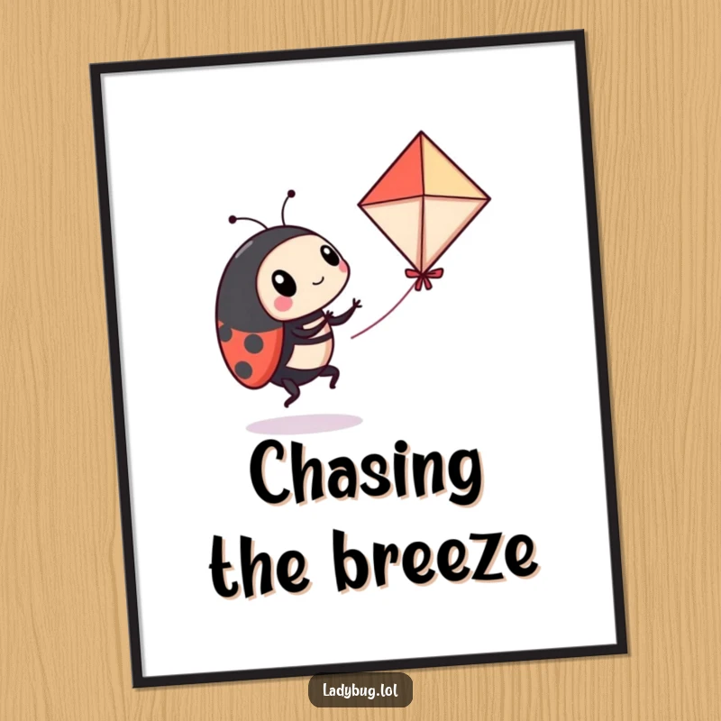 Funny ladybug poster of a playful ladybug comically attempting to fly a miniature kite, a humorous and inspiring piece of art.