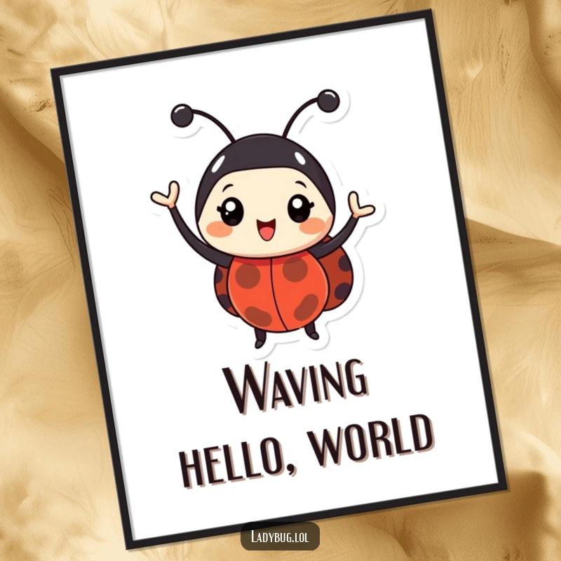 Funny ladybug poster of a happy bug enthusiastically waving its antennae. Cute and humorous wall art.