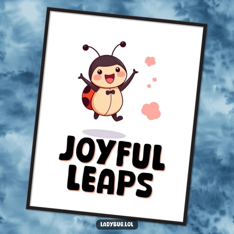 Funny jumping ladybug poster, depicting a bug mid-jump, a vibrant and humorous addition to wall decor.
