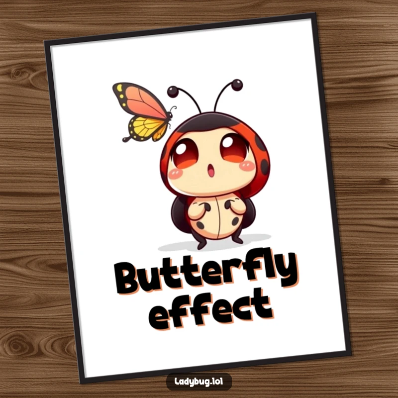 Funny ladybug poster illustrating a ladybug character with incredibly wide, surprised eyes, observing a butterfly in flight with fascination.