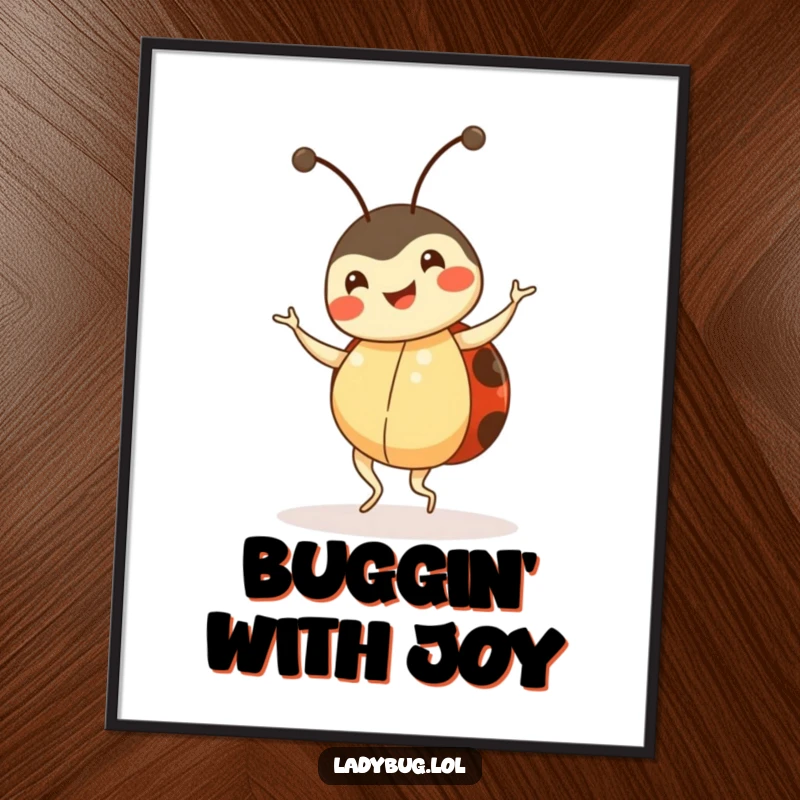 Funny ladybug poster, happy insect character doing a little dance, vibrant and cute wall art, humorous decor.
