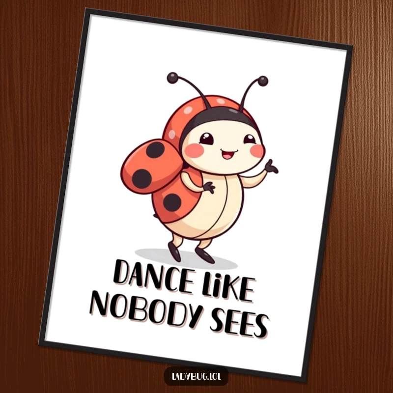 Funny ladybug poster capturing a cute character in mid-happy dance, full of motion and infectious, playful energy.