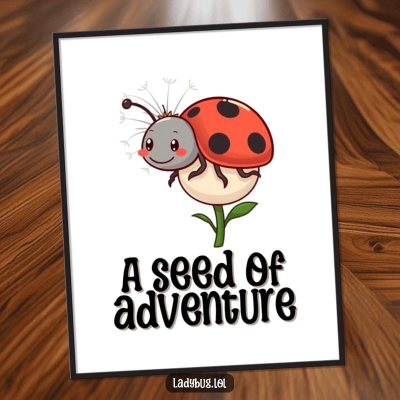Funny Ladybug Dandelion Poster: A happy ladybug comically rides on a floating dandelion seed, creating a scene of gentle adventure. Whimsical wall art.