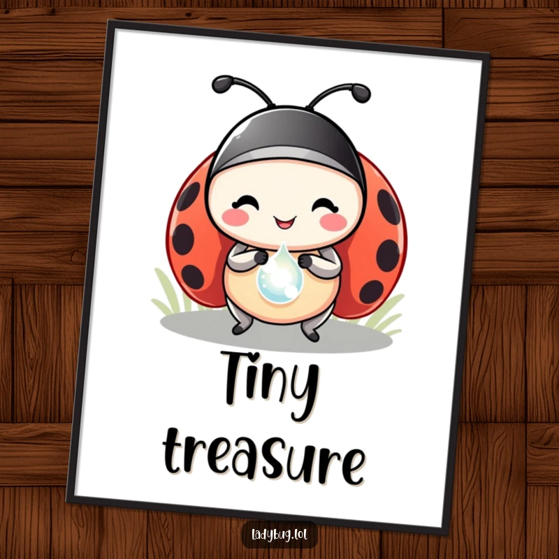 Funny ladybug poster artwork depicting a happy ladybug protagonist carrying a sparkling dewdrop like a precious trophy, adding cheer.