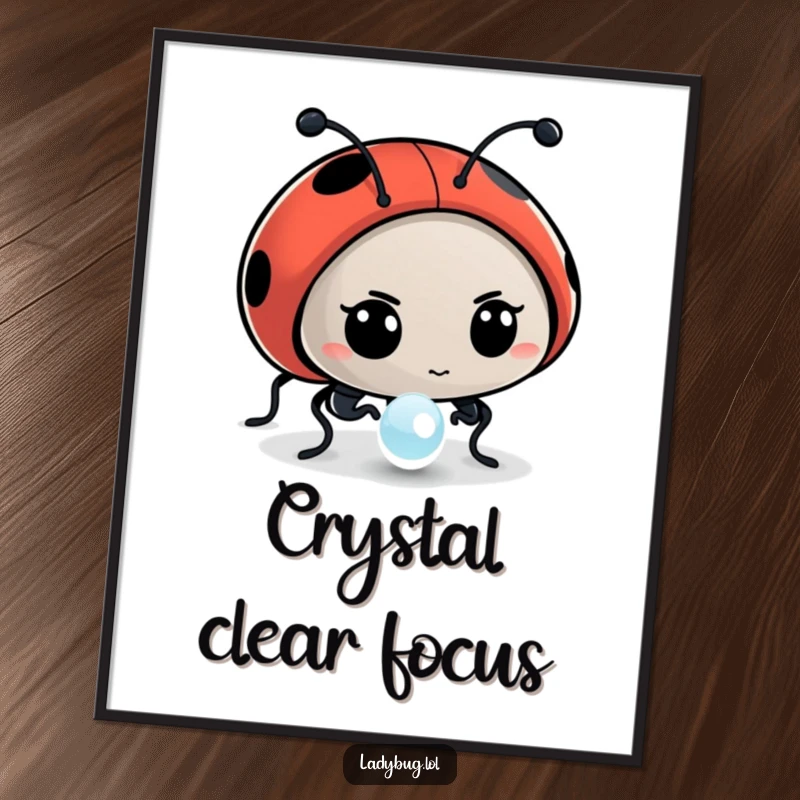 Funny poster of a determined ladybug character intently examining a dewdrop, reflecting the world within its tiny sphere.