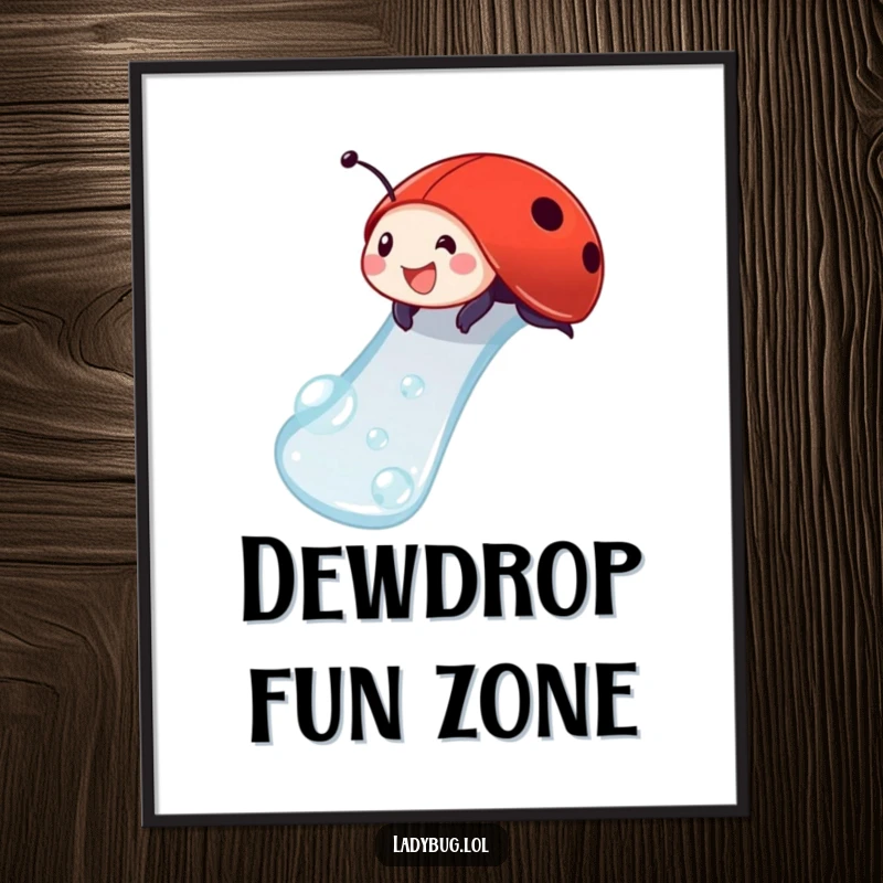 Funny ladybug poster depicting a delighted ladybug sliding down a dewdrop, adding playful humor and charm to any wall.