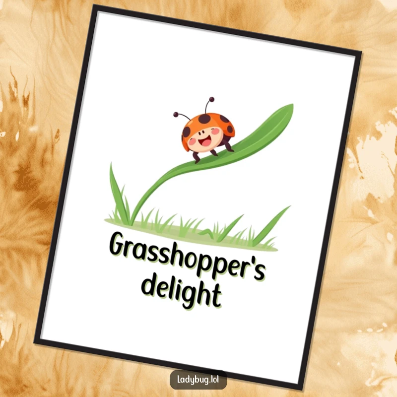 Funny ladybug bounces gleefully on a single blade of grass, radiating joy, as radiant wall art.