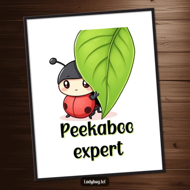 Funny poster of a curious ladybug character peeking from under a large leaf, inviting viewers to join the fun.