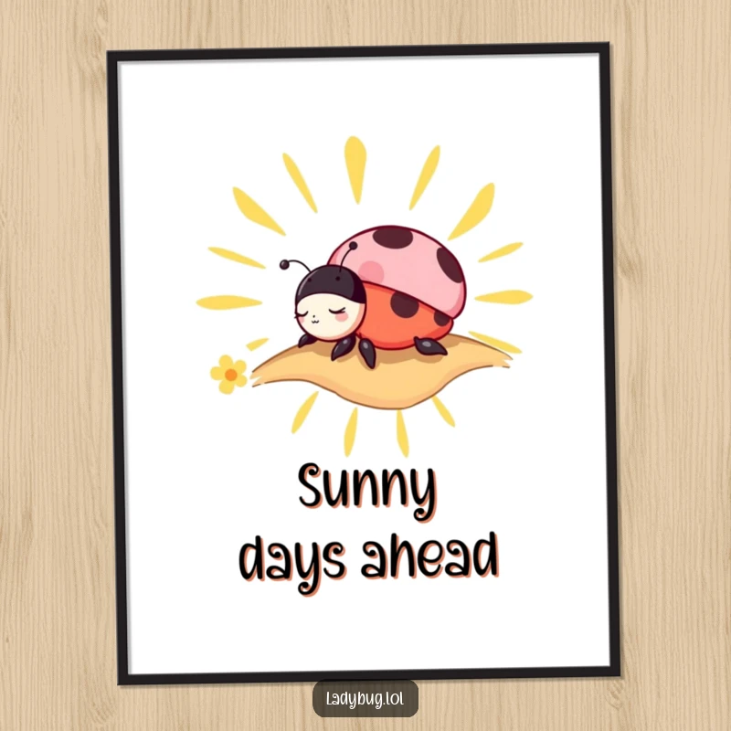 Funny Poster: A charming ladybug character peacefully napping on a stylized sunbeam, bringing calm wall decor.