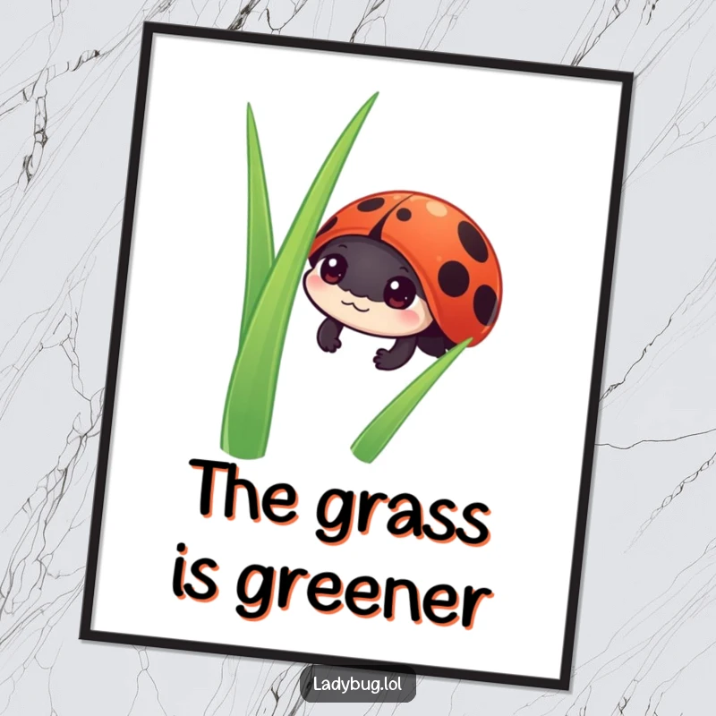 Funny ladybug poster displaying a tiny ladybug character curiously peeking from behind a blade of grass, evoking gentle wonder.