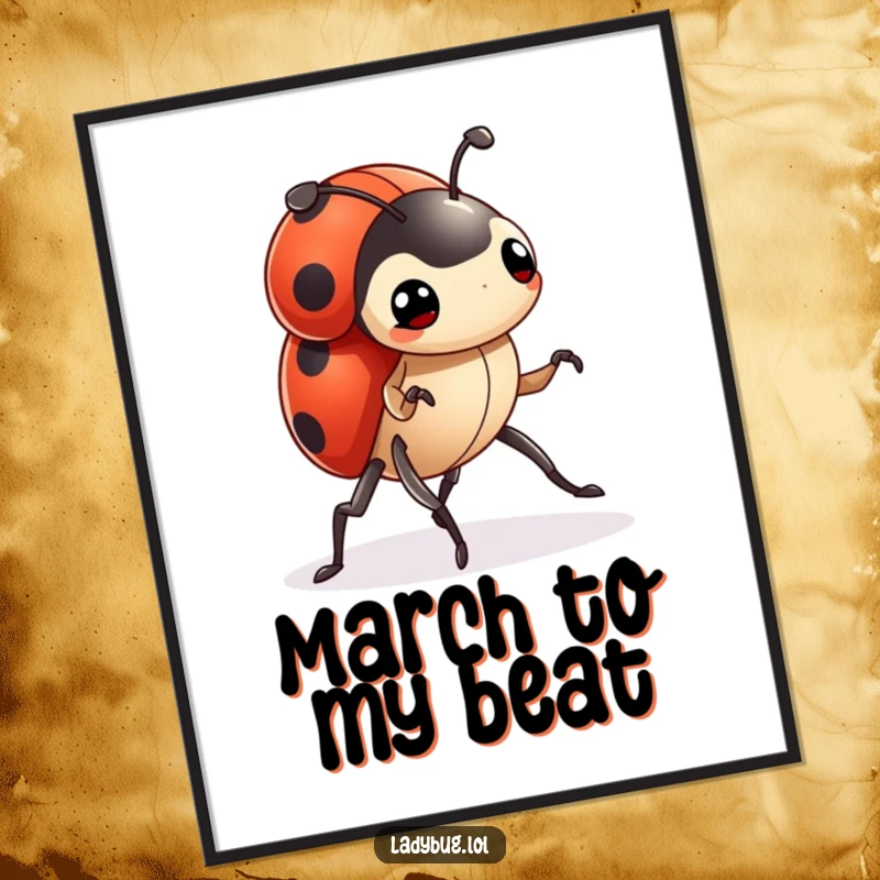 Funny ladybug poster showcasing a tiny character marching forward with determined legs, symbolizing perseverance and unwavering spirit.