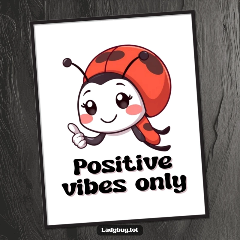 Funny ladybug poster of a smiling ladybug character giving a tiny, enthusiastic thumbs-up, radiating good vibes.