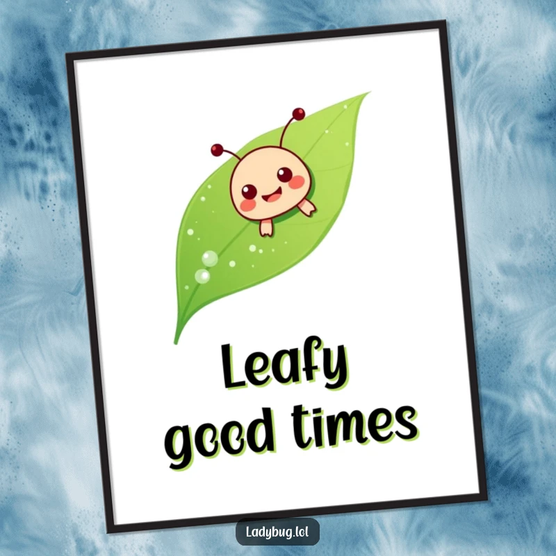 Funny ladybug sliding poster, showcasing the insect joyfully sliding down a dewy leaf, a charming and humorous wall decoration.