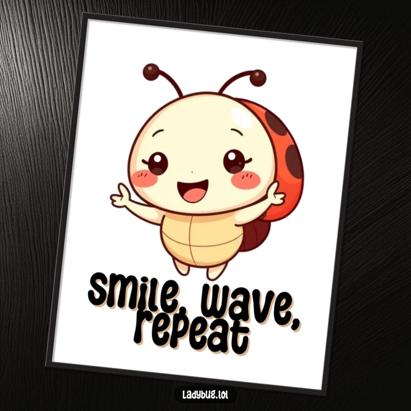 Funny Poster print of a charming ladybug character with a radiant smile, enthusiastically waving hello, perfect for brightening walls.