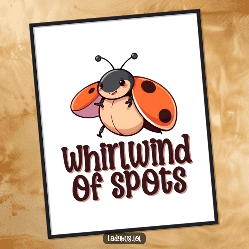 Funny poster art of a ladybug character playfully spinning mid-air with wings open, capturing a moment of pure, whimsical delight.