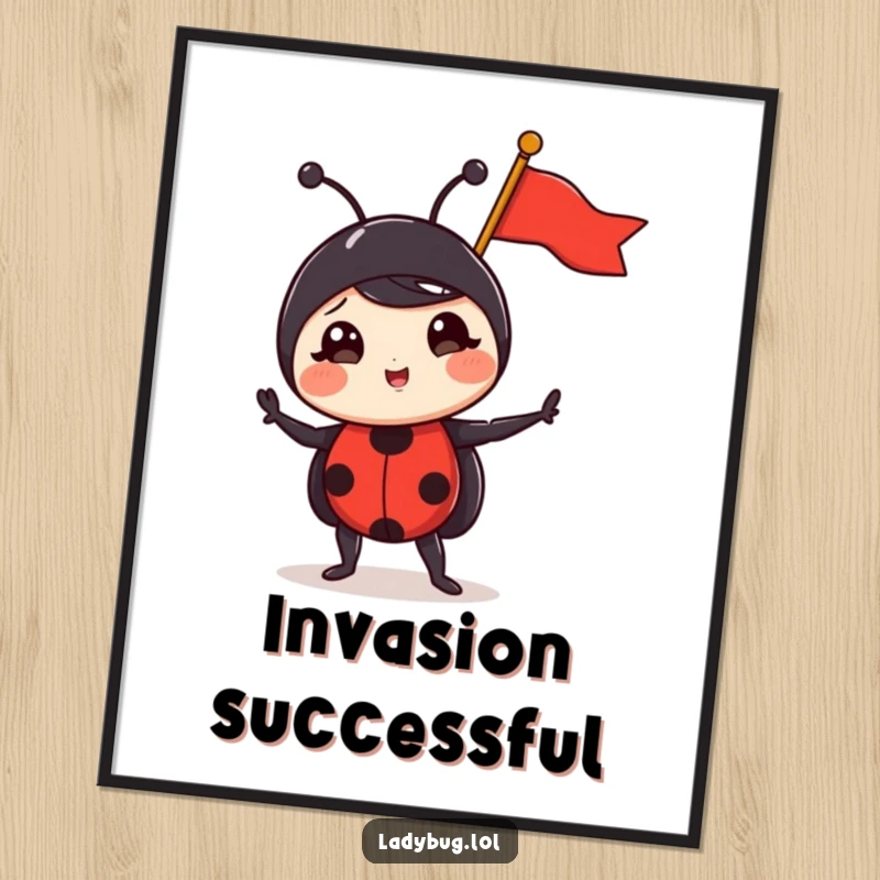 Funny ladybug poster showing a comical ladybug triumphantly posing with a small flag, a humorous and inspiring piece of art.