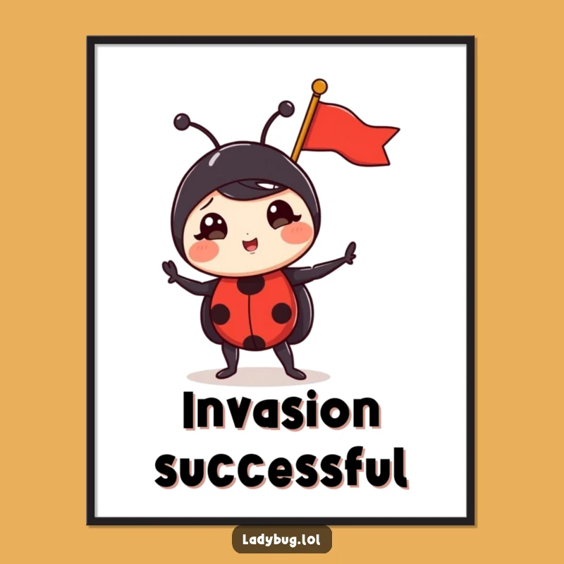 Funny Triumphant Ladybug Poster - Tiny Flag Victory Art Print