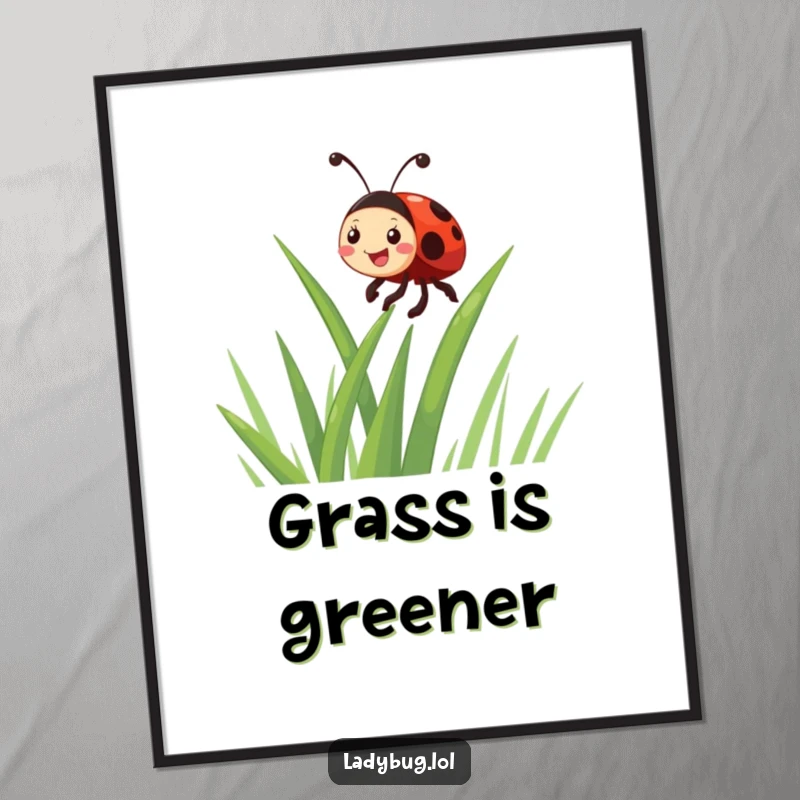 Funny giggling ladybug character enthusiastically climbing a blade of grass, displayed as vibrant wall art for a humorous touch.
