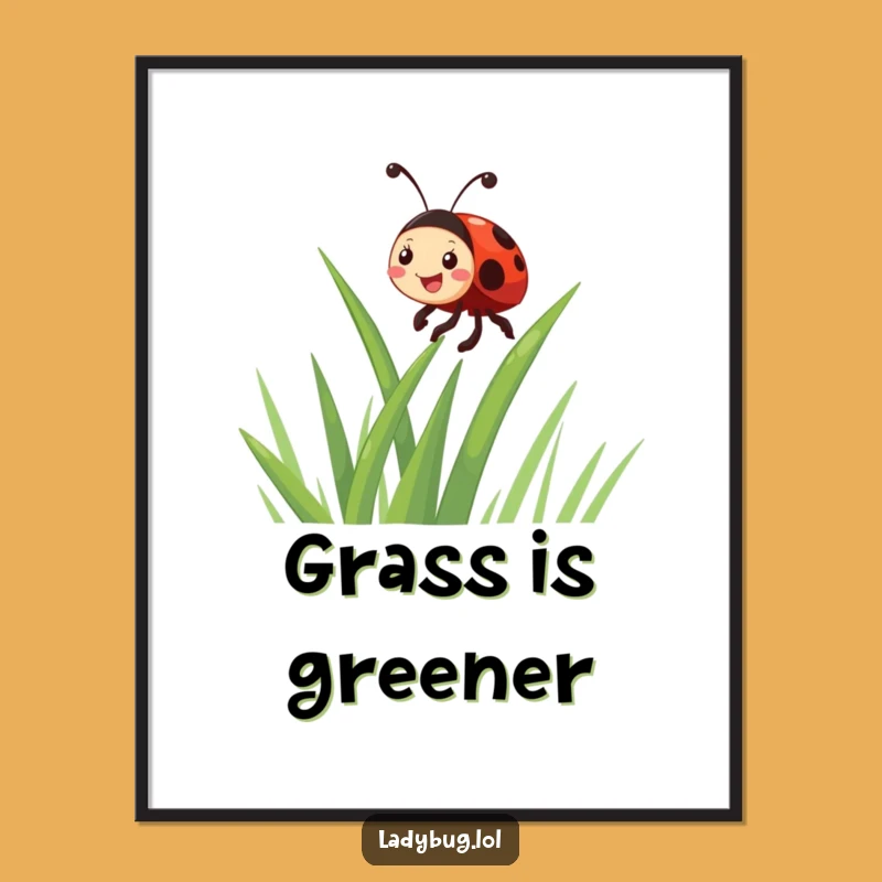 Funny Giggling Ladybug Climbing Grass Poster - Vibrant Wall Art for a Cheerful Home