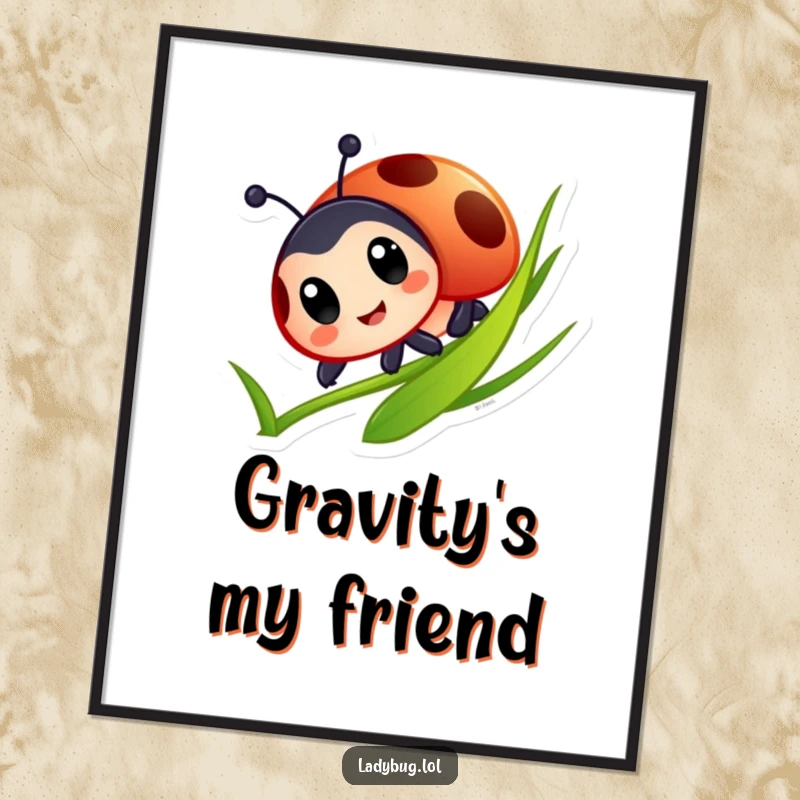 Funny Ladybug Poster: Charming ladybug character with big eyes joyfully sliding down a blade of grass, capturing a moment of pure bliss.