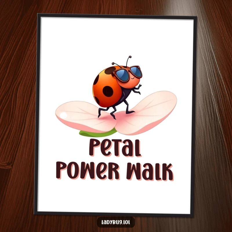 Funny ladybug poster featuring a ladybug with tiny sunglasses cheerfully jogging across a petal, a humorous and cool piece of art.