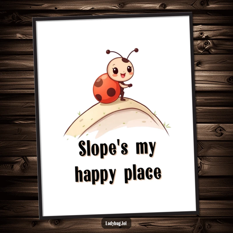 Funny Poster print showcasing a ladybug character dynamically rolling down a slope with an expression of pure, unbridled joy.