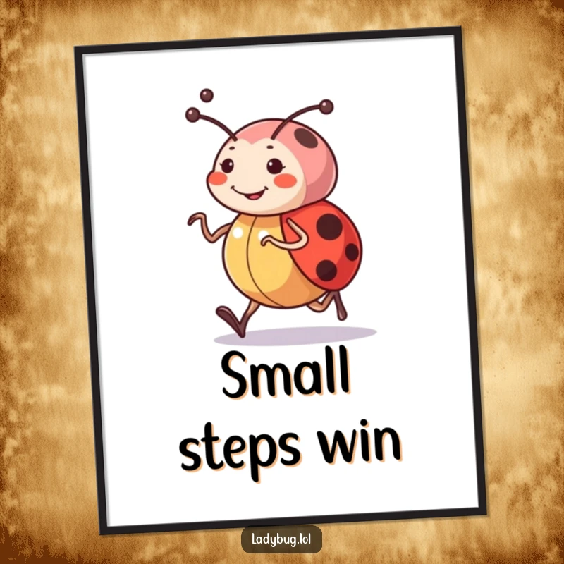 Funny poster featuring a cheerful ladybug character with determined antennae, joyfully jogging, adding a splash of happy energy.
