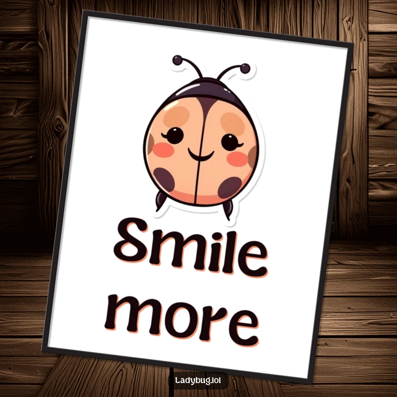 Funny ladybug poster: a happy ladybug character with spots forming a smiley face, symbolizing infectious joy and positive energy.